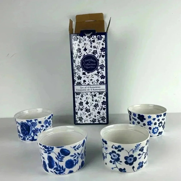 RAMEKIN’S BLUE & WHITE 4 FLORAL-DESIGNS NWB Dishwasher Oven Microwave SAFE - Picture 1 of 6